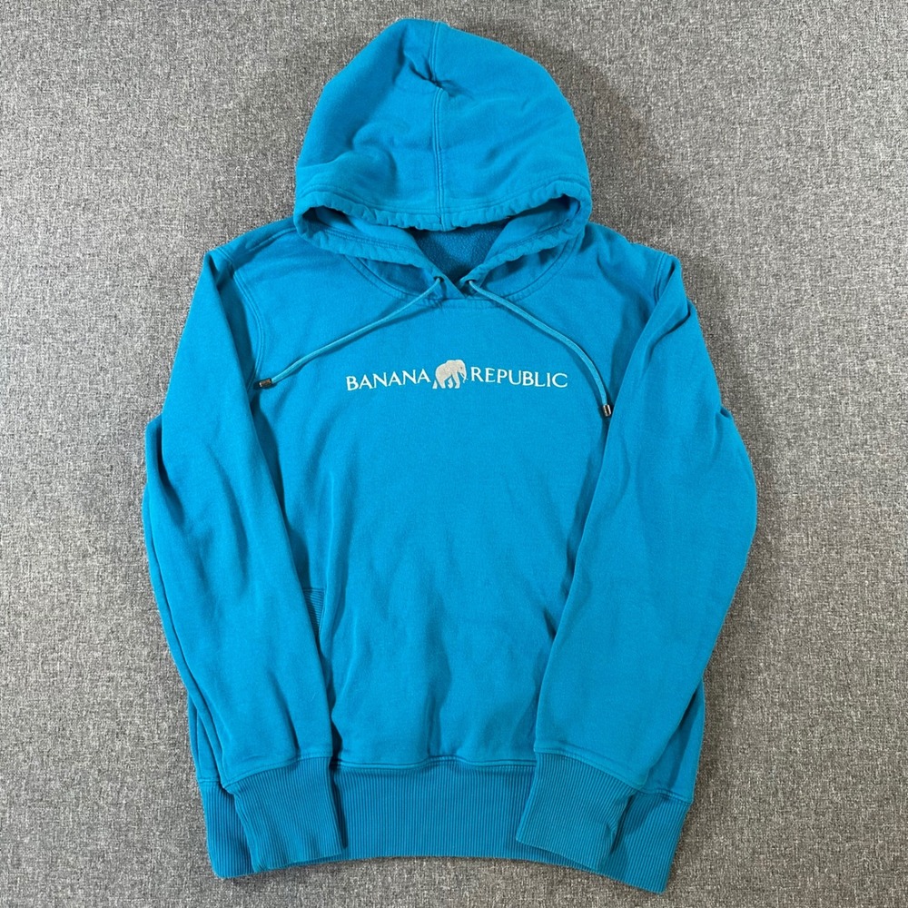 Banana Republic Mens Hoodie Blue Elephant Logo Pullover Sweatshirt Cotton Blend
